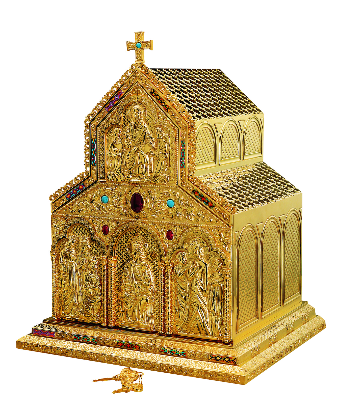 tabernacolo romanico art 2909 Tabernacolo da mensa romanico in ottone dorato a forma di tempio riccamente decorato sul portale e impreziosito da pietre colorate