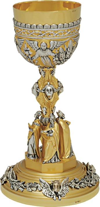 Calice cesellato a mano art 888 1 Calice “Dottori” Maranatha Lab in argento cesellato a mano con statue dei quattro dottori della chiesa e fregi in fusione a cera persa