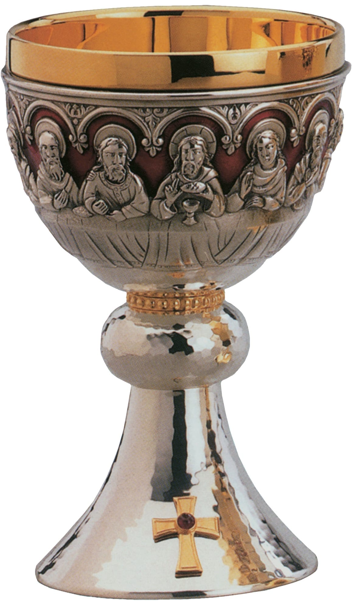 calice 4-5 calice romanico Ultima Cena con figure a sbalzo degli Apostoli e di Gesù e impreziosito da croce con pietra rosso rubino