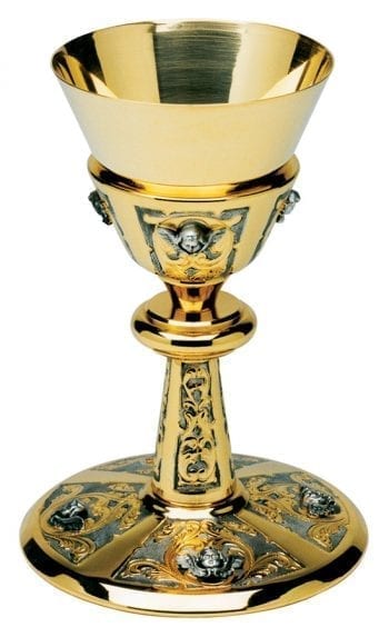 Calice "Cherubini" Maranatha Lab in ottone bicolore cesellato a mano con testine angeliche