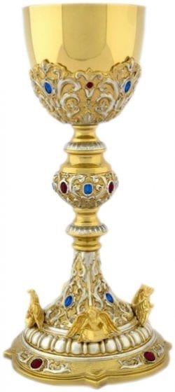 Calice " Vangelo" Maranatha Lab in ottone bicolore impreziosito da cesello, incastonatura di pietre e simboli dei quattro evangelisti