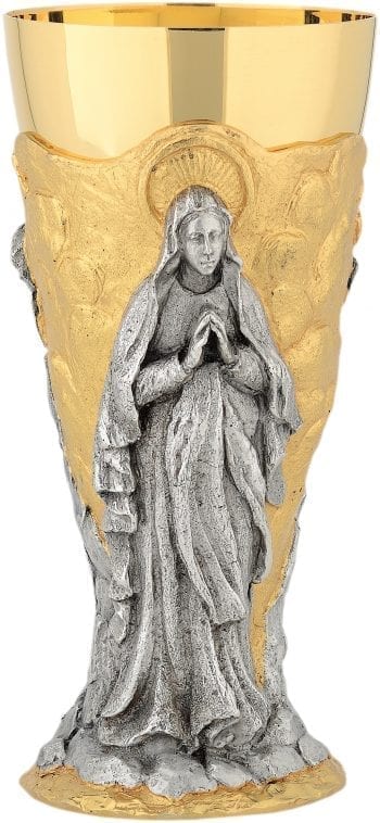 Calice “Lourdes” Maranatha Lab in fusione bicolore impreziosito con decori a rilievo della Vergine Maria