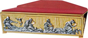 Leggio-mensa "Fedeltà" Maranatha Lab in fusione di bronzo bicolore con frontale decorato da scene bibliche