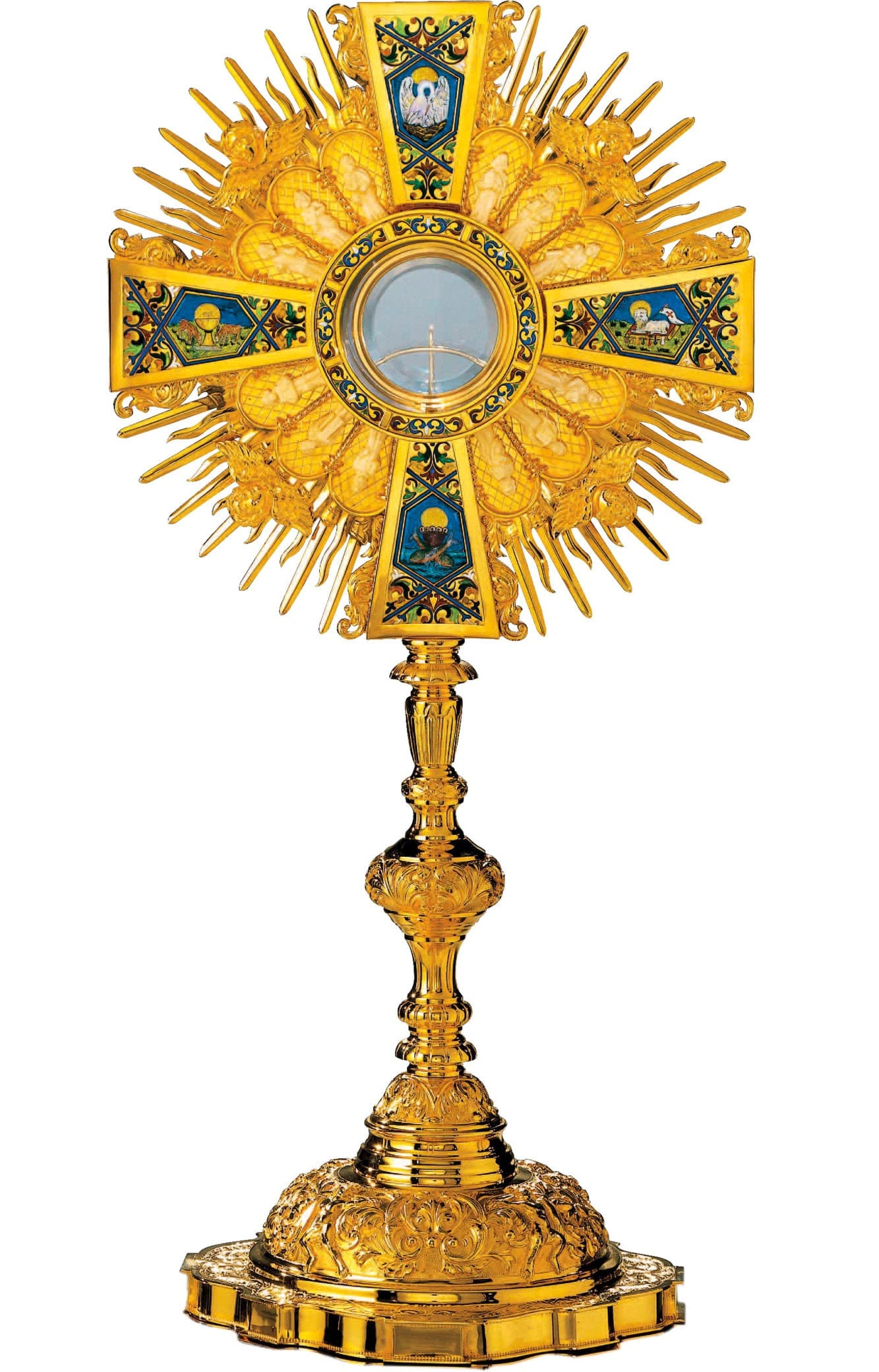 ostensorio-in-argento-art-271 ostensorio oro 24 carati in stile barocco prezioso per la finitura regale e per la ricchezza delle decorazioni. Interamente inciso a mano e smaltato a fuoco con la tecnica cloisonnè.
