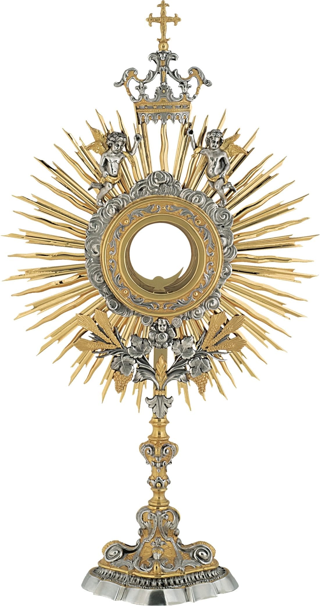 ostensorio-in-fusione-art-2597 Ostensorio "Re-dei-Re" Maranatha Lab stile barocco, impreziosito da angeli che sorreggono la corona di Cristo Re