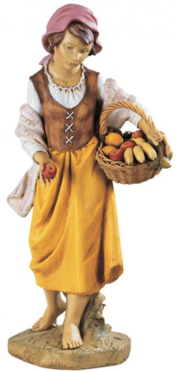 Bimba con frutta Fontanini statua in resina dipinta a mano ad effetto legno