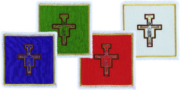Copricalice "Alleluia" Maranatha Lab in tessuto lana, ricamato con simbolo di Gesù Cristo crocifisso.