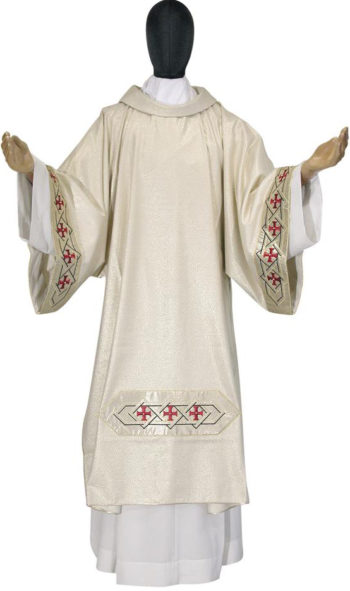Dalmatica “Gioacchino” Maranatha Lab in lana lurex impreziosita da greche geometriche in oro e rosso