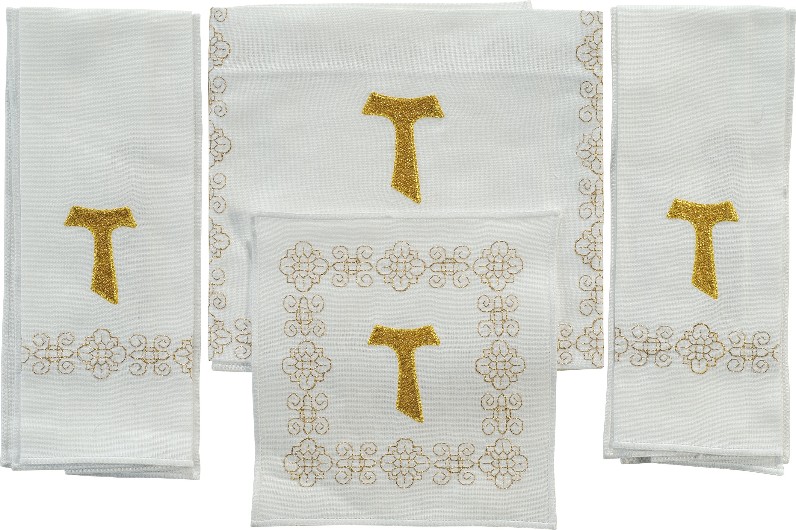 servizio-messa-in-lino-4-pezzi-art-4227 Servizio-Messa "Tau" Maranatha Lab in puro lino con ricamo francescano del Tau in oro