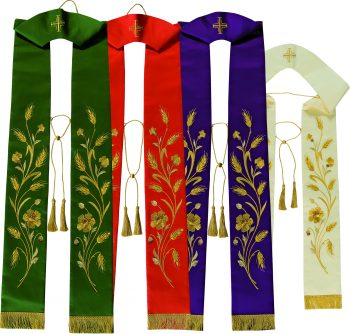 Stola "Cesarea" Maranatha Lab in tessuto micromonastico, ricamata con motivi floreali e spighe di grano.