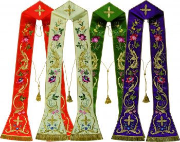 Stola "Profeti" Maranatha Lab dal taglio romano interamente ricamata con motivi floreali in oro e colori brillanti