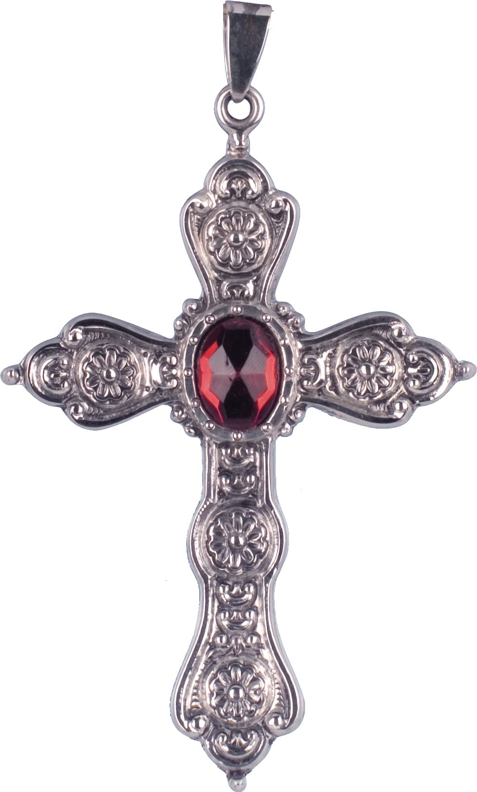 croce-pettorale-in-argento-cesellato-art-2439 Croce pettorale con pietra rosso rubino incastonata in argento interamente cesellato a mano a motivi floreali