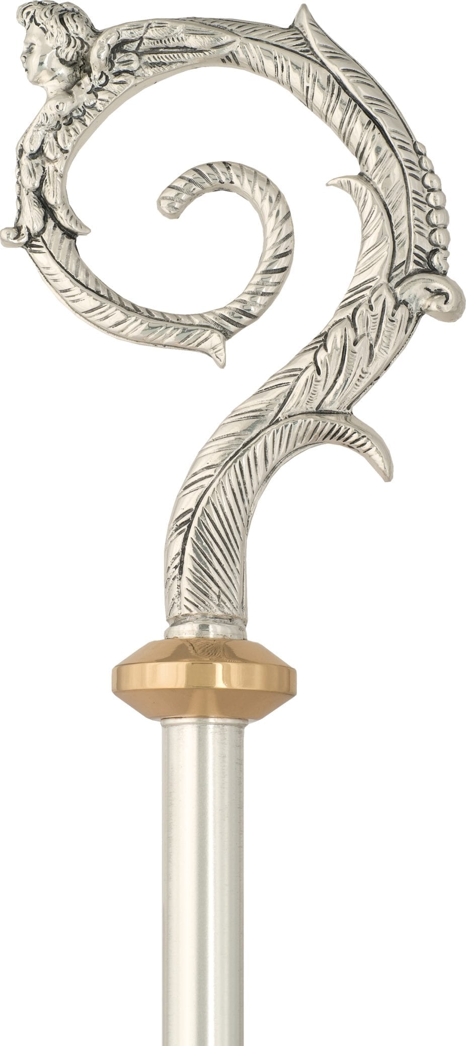 pastorale-in-fusione-di-ottone-art-2679 Pastorale in fusione di ottone argentato decorato con motivi a foglie e testina angelica e nodo in ottone dorato