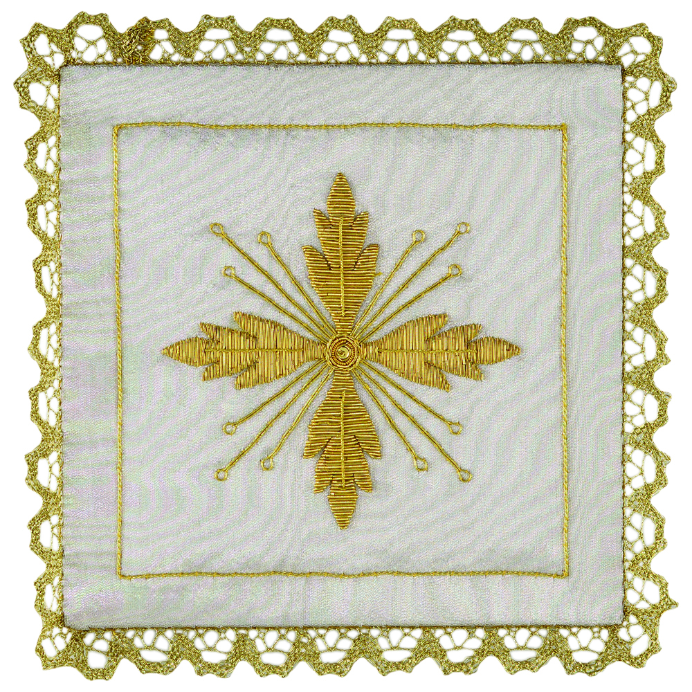 copricalice art 6566 Copricalice "Adonai" Maranatha Lab in pura seta ricamato in oro a mano da simbolo di fiore Celidonia.