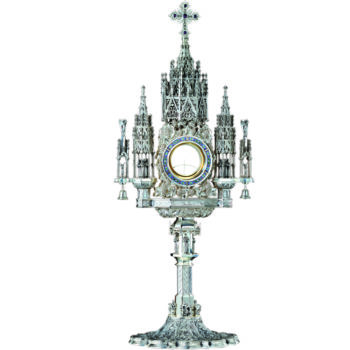 Ostensorio "Gotica" in argento 925 finemente cesellato con pinnacoli e statue dei quattro Evangelisti