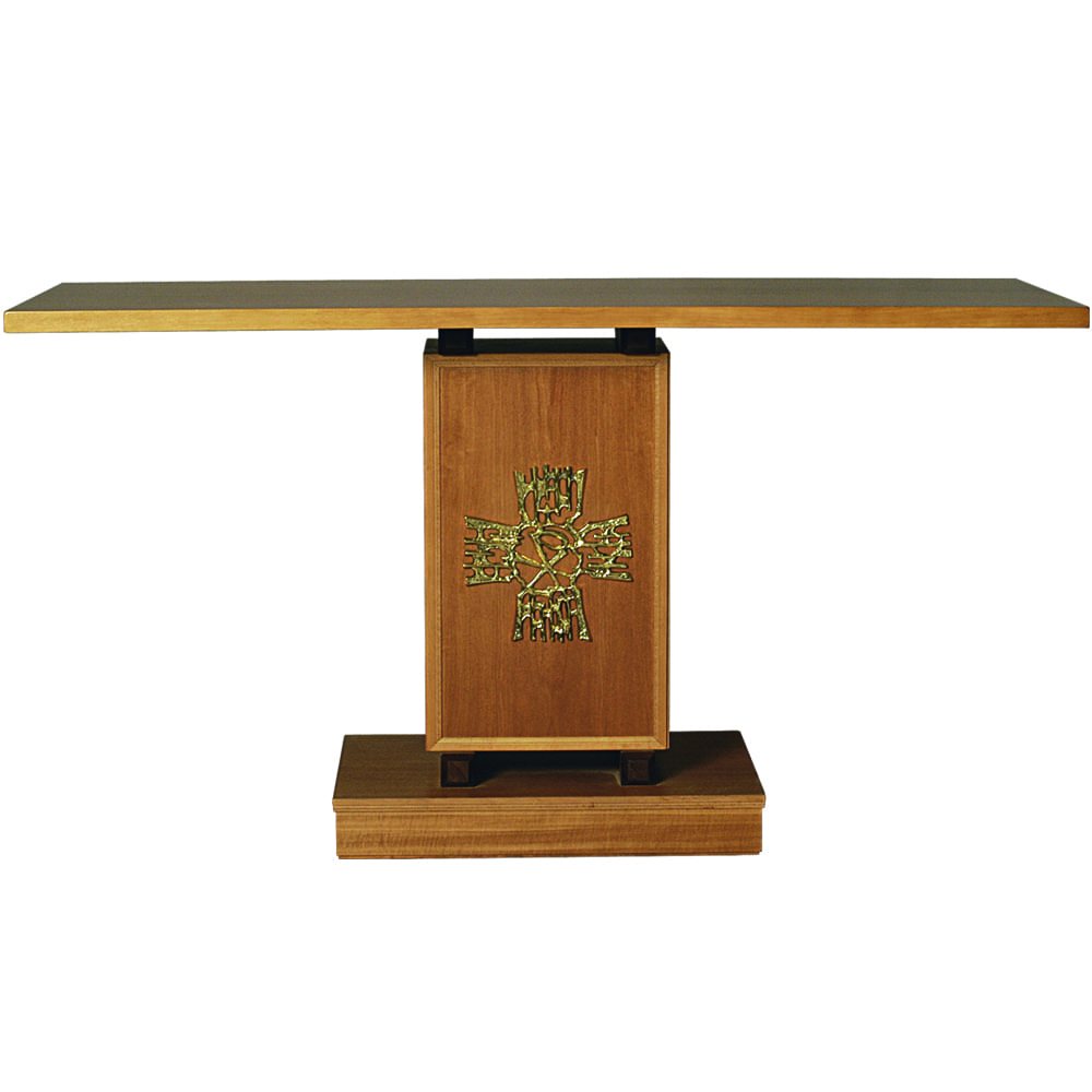 Altare in legno art 609 Altare in legno decorato con il fregio di una croce stilizzata in ottone dorato sul fronte