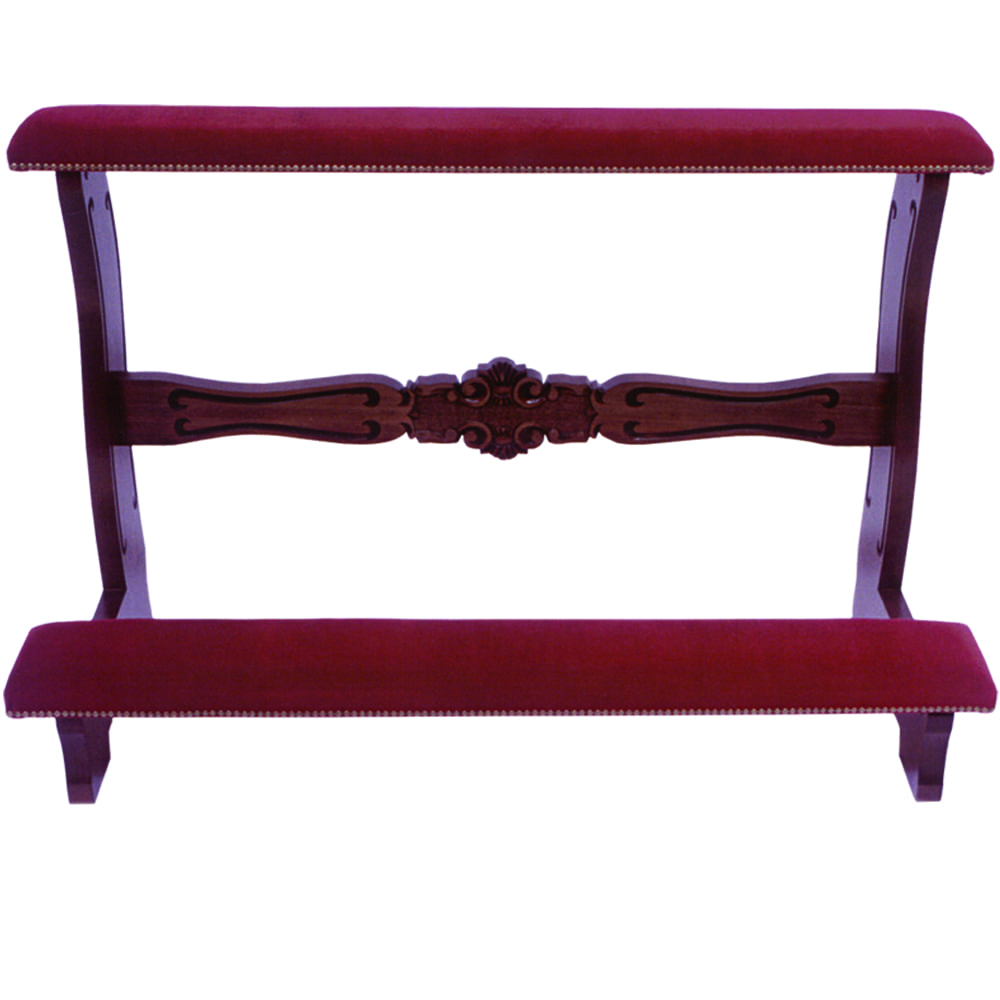 Inginocchiatoio per sposi art 605 Inginocchiatoio per sposi stile classico in legno tinto noce con cuscini rivestiti in velluto rosso
