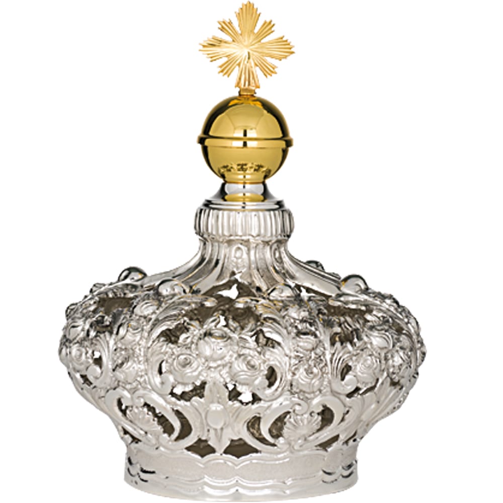 Corona in argento art ST 131 Corona in argento cesellato a mano con motivi decorativi floreali e sormontata da globo e croce