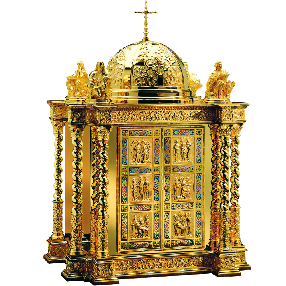 Tabernacolo in ottone art 2907 Tabernacolo da mensa barocco riccamente decorato con scene della vita di Cristo, colonne tortili e decorazione di filigrana a smalto cloisonnè