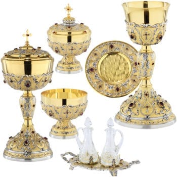 Completo"Koinonia" Maranatha Lab formato da calice e patena, pisside alta e bassa, piatto offerta e ampolline
